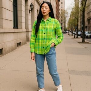 Real Comfort 100% Linen Long Sleeve Green Blue Yellow Plaid Button Down Shirt